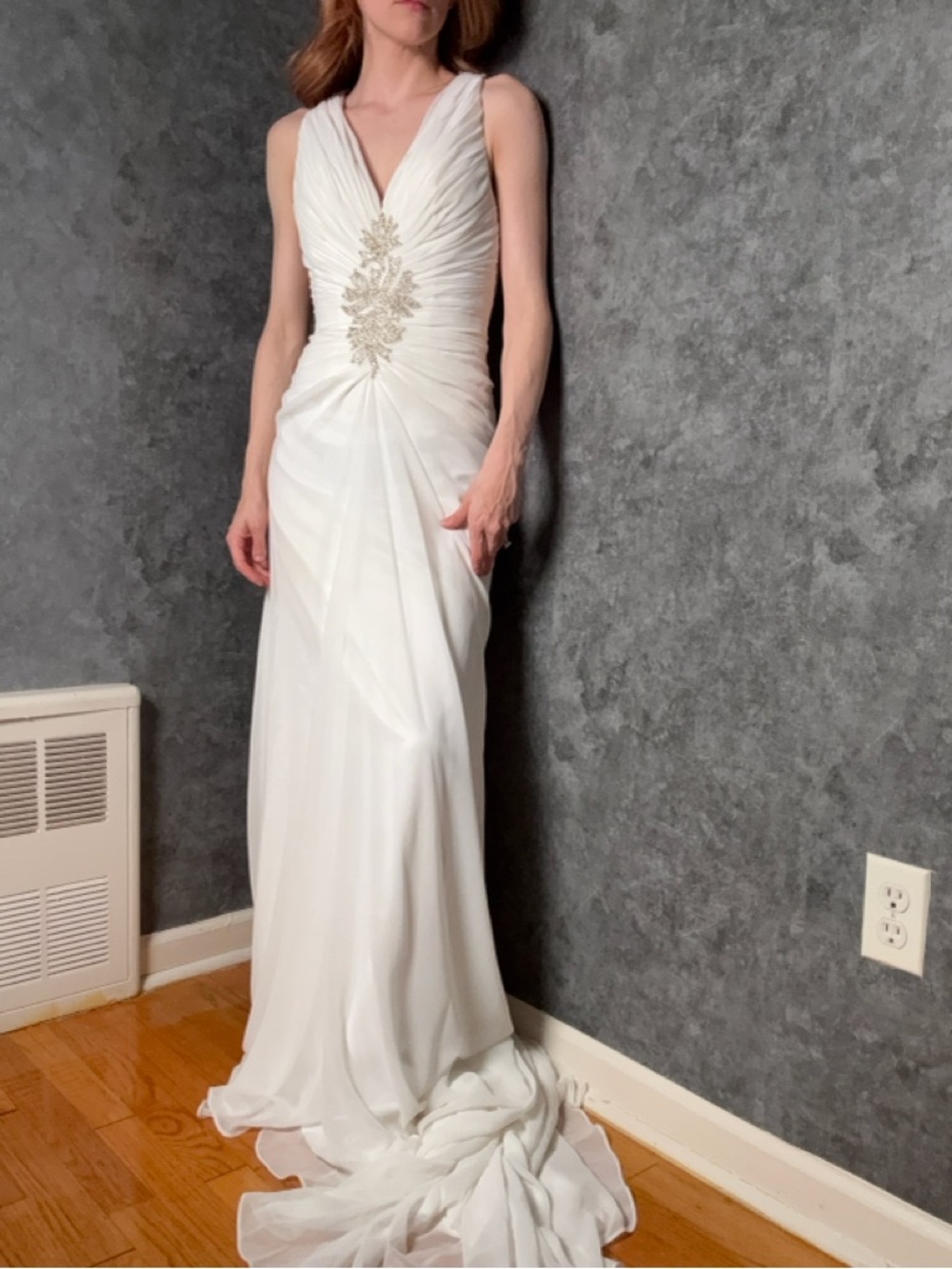 Vintage Custom Chiffon Wedding Dress Ivory Size 0 Ruched Fitted Bodice Train